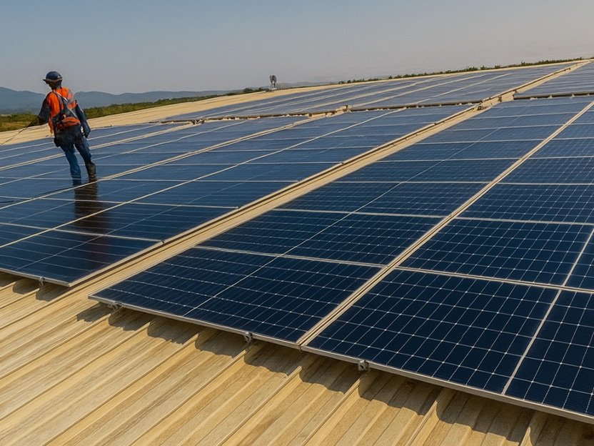 Técnico revisando paneles solares en el techo de Farmacias Obregón